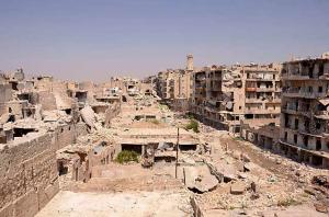 A general view shows debris and damaged buildings in Aleppo