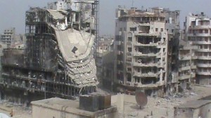 A general view of damaged buildings, which according to the opposition were damaged by the government's army, in Homs